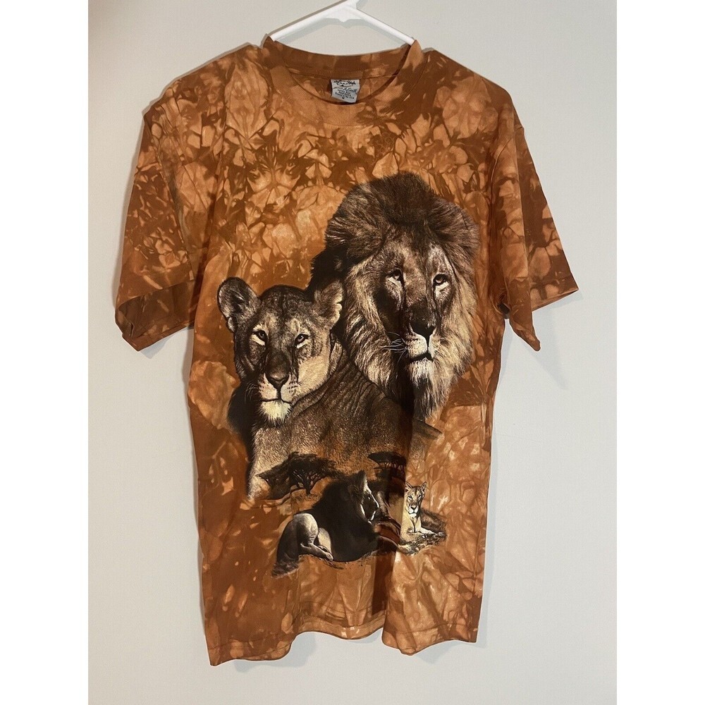 Vintage‎ Back To Earth Tie Dye Lion Print Brown Short Sleeve Shirt Adult M Y2K